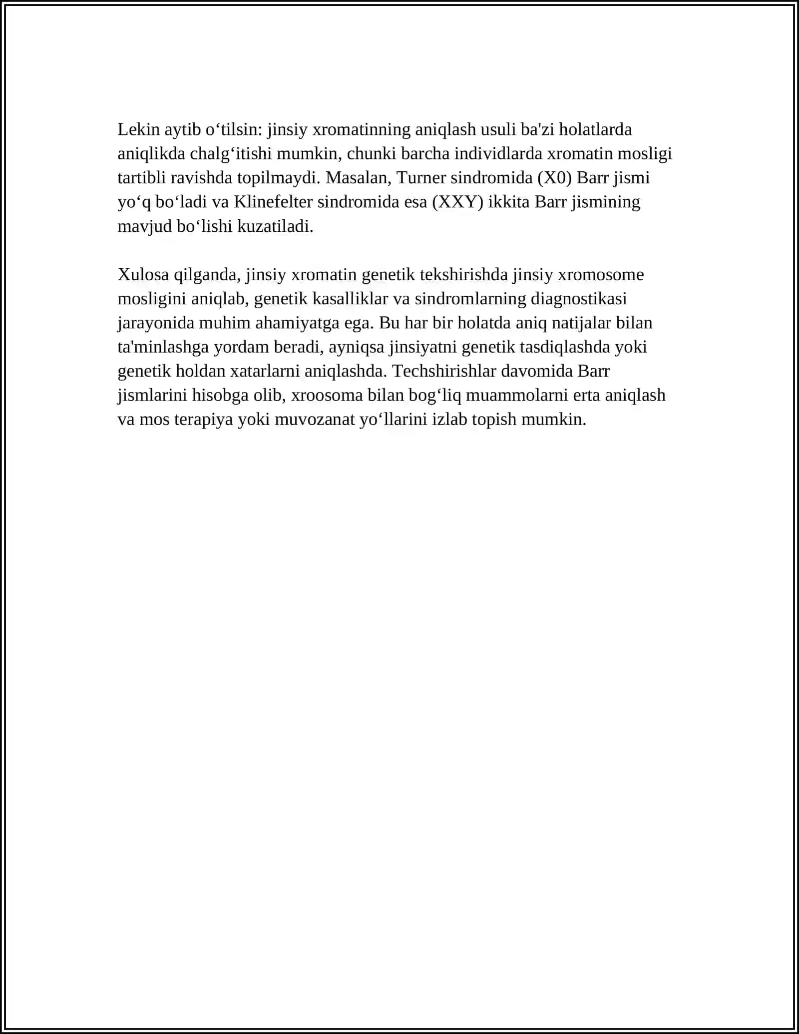 SITOGENETIK USUL. JINSIY XROMATINNI ANIQLANISHINING TIBBIYOTNING TURLI SOHALARIDAGI AHAMIYATI(QO’LLANILISHI) 4