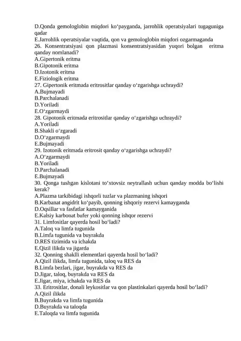 Hayvonlar fiziologiyasi fanidan YaB uchun test savollari (500 ta) 4