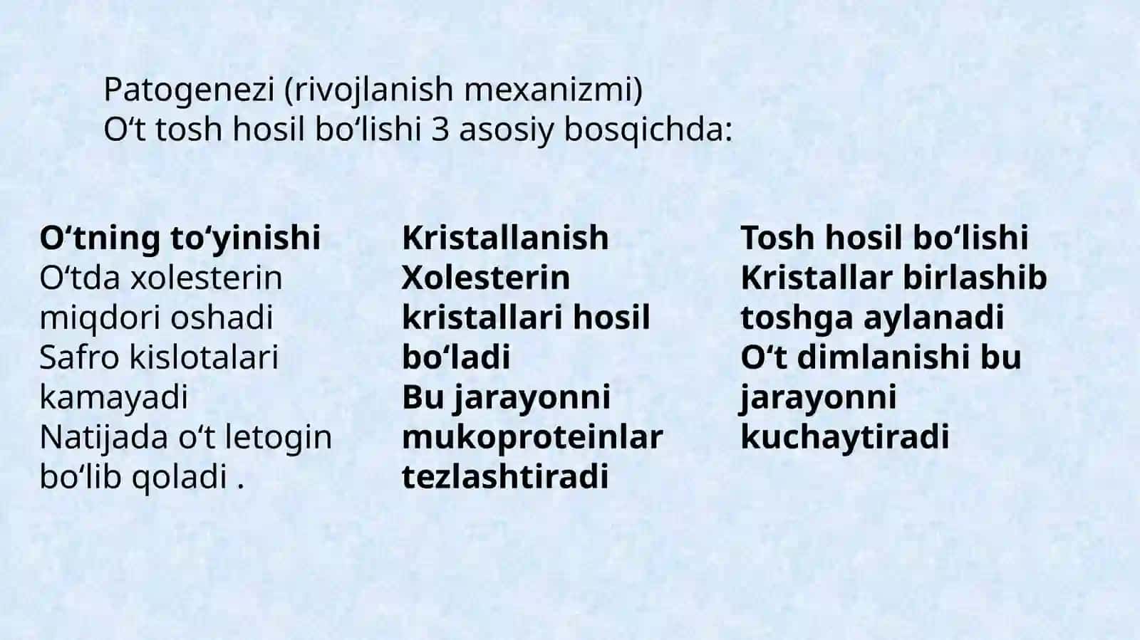 Oʻt tosh kasalligi etiologiyasi patogenezi klinikasi asoratlari davolash usullari 4