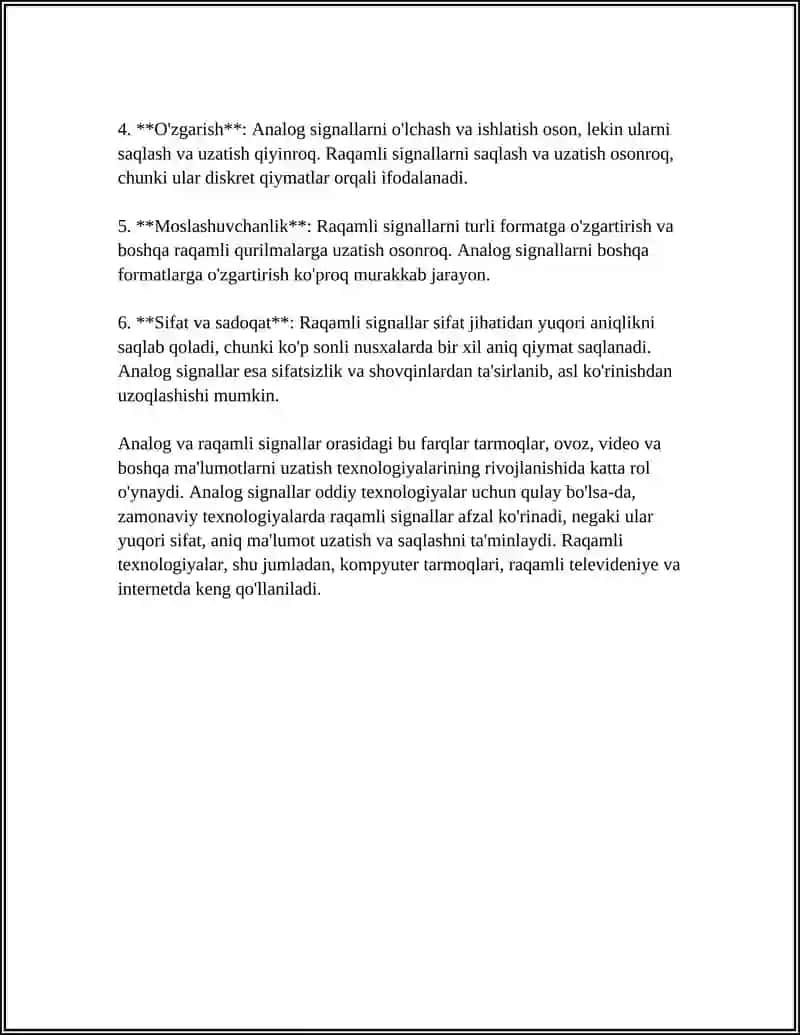 ANALOG VA RAQAMLI SIGNALLARNING O‘ZARO TAQQOSLANISHI VA QO‘LLANISH SOHALARI 4