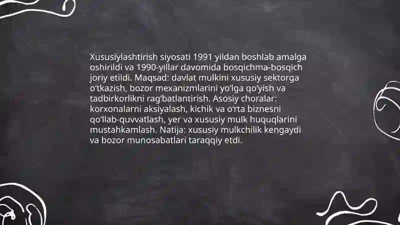Oʻzbekistonda iqtisodiy islohotlarning amalga oshirilishi bozor munosabatlarining shakllanishi 4