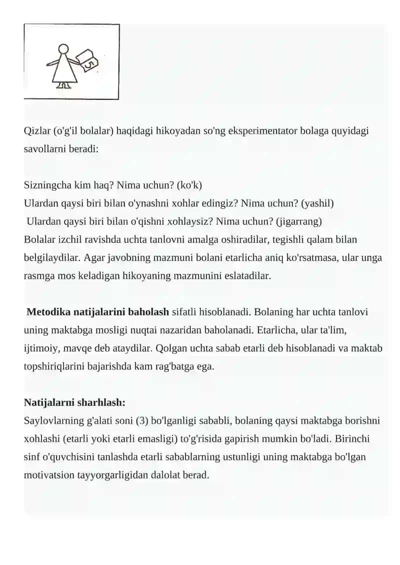 Birinchi sinf o'quvchilaridan o'rganish motivlarini aniqlash (M.R. Ginzburg usuli bo'yicha) 4