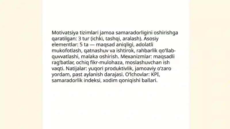 Motivatsiya jamoani boshqarishni funksiyasi sifati 4