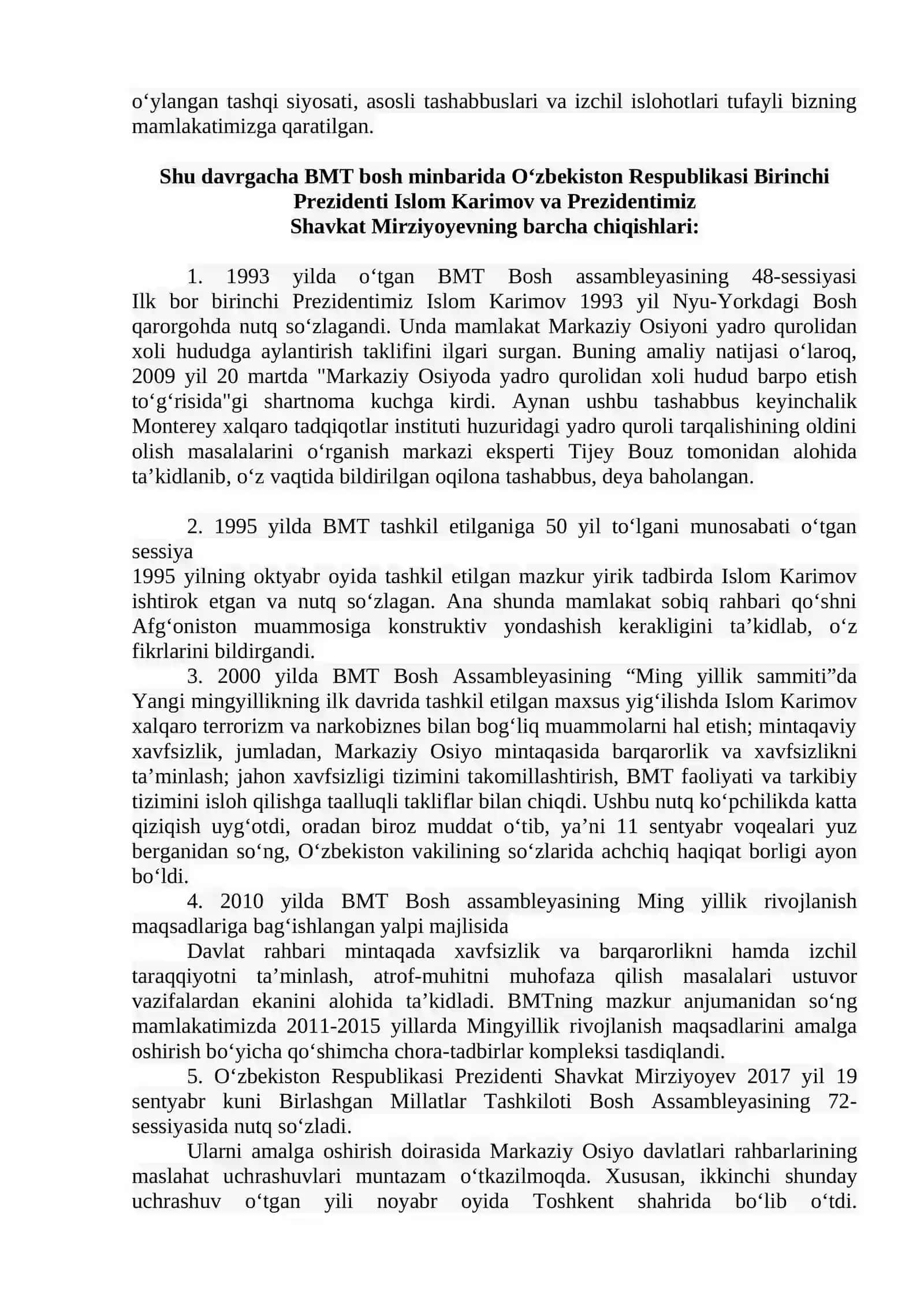 O'ZBEKISTON VA JAHON HAMJAMIYATI. O‘ZBEKISTONNING TINCHLIKSEVAR TASHQI SIYOSATI VA UNING JAHON HAMJAMIYATI TOMONIDAN TAN OLINISHI 4