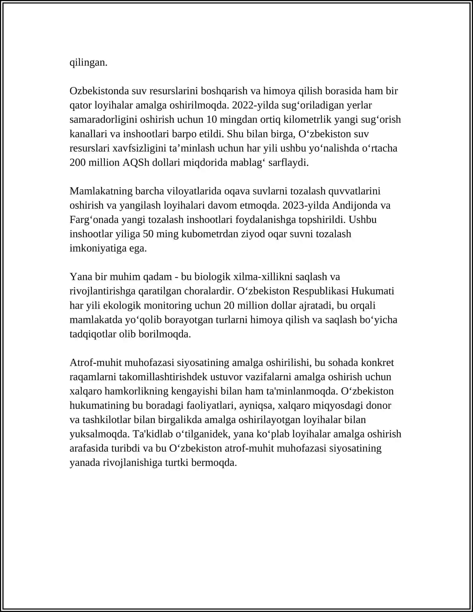 OROL FOJIASI, EKOLOGIK HOLATNI YAXSHILASH BORASIDA DAVLAT SIYOSATI 4
