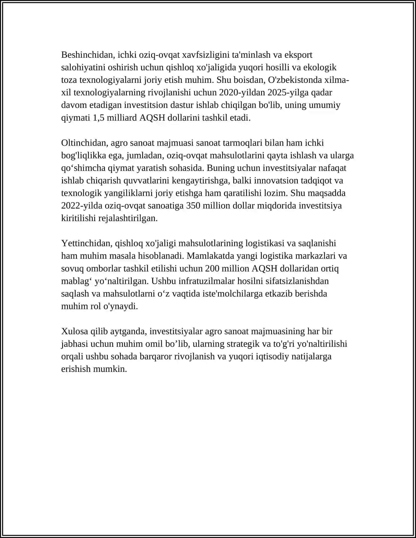 AGROSANOAT MAJMUASIDA INVESTITSIYALAR VA ULARNING SAMARADORLIGI 4