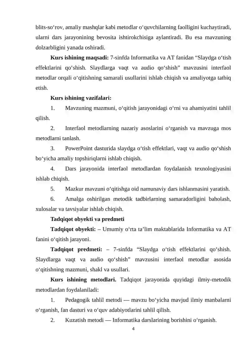 Umumiy oʻrta taʼlim maktablarining 7-sinfida Informatika va AT fanidan “Slaydga o‘tish effektlarini qo‘shish. Slaydlarga vaqt va audio qo‘shish” mavzusini o‘qitishda interfaol metodlardan foydalanish 4