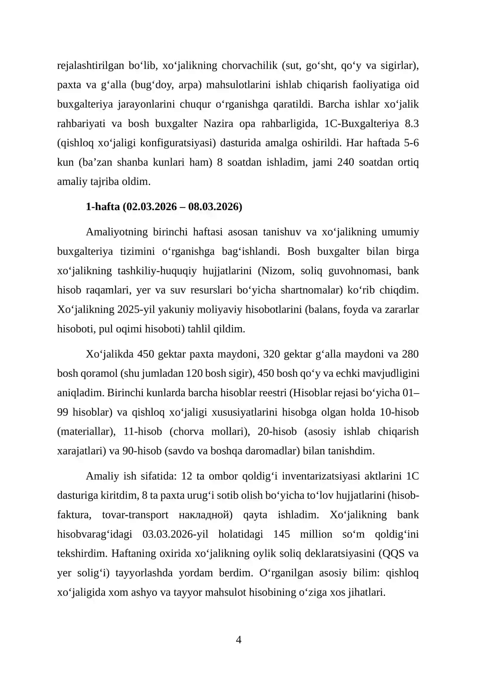 FERMER XOʻJALIGI, BUXGALTERIYA BOLIMI. Bitiruv malakaviy amaliyot hisoboti 4