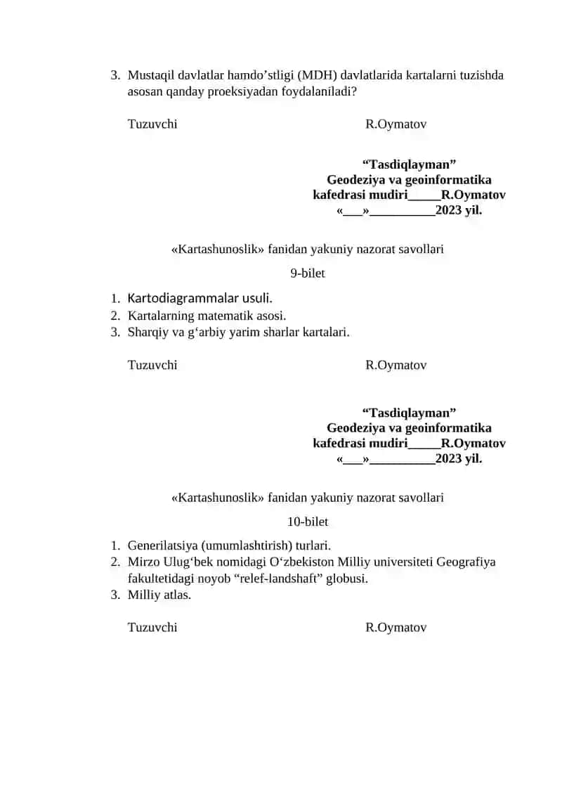 «Kartashunoslik» fanidan yakuniy nazorat savollari 4