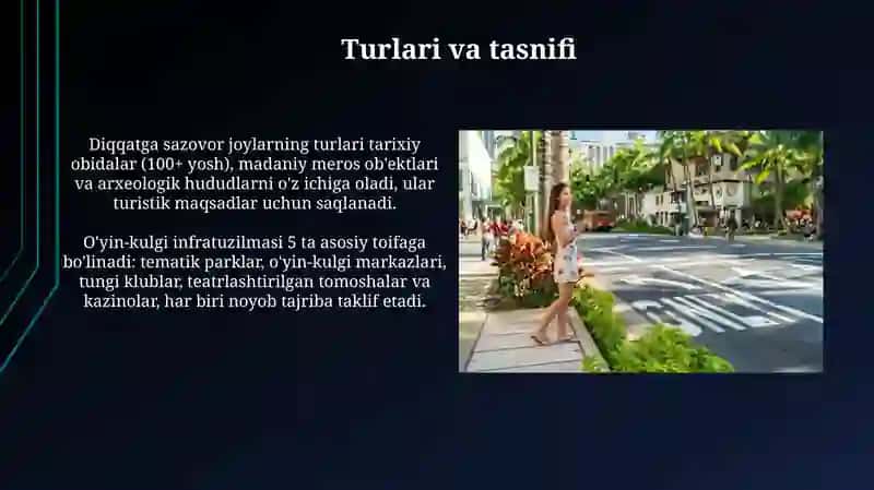 Turizmda sayr - tomoshalar va ko'ngiloyozishinfratuzilmasi 4