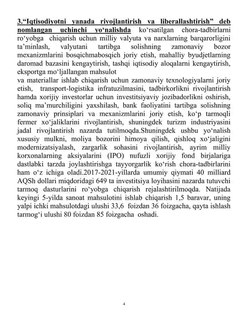 "O‘zbekiston Respublikasi yanada rivojlantirish bo‘yicha Harakatlar strategiyasi" 4