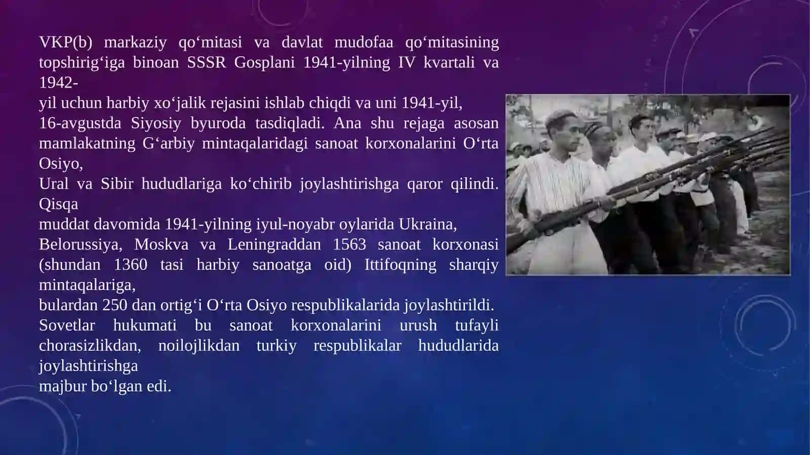 O‘zbekistonning Ikkinchi jahon urushiga tortilishi.O‘zbek xalqining fashizm ustidan qozonilgan g‘alabaga qo‘shgan hissasi 4