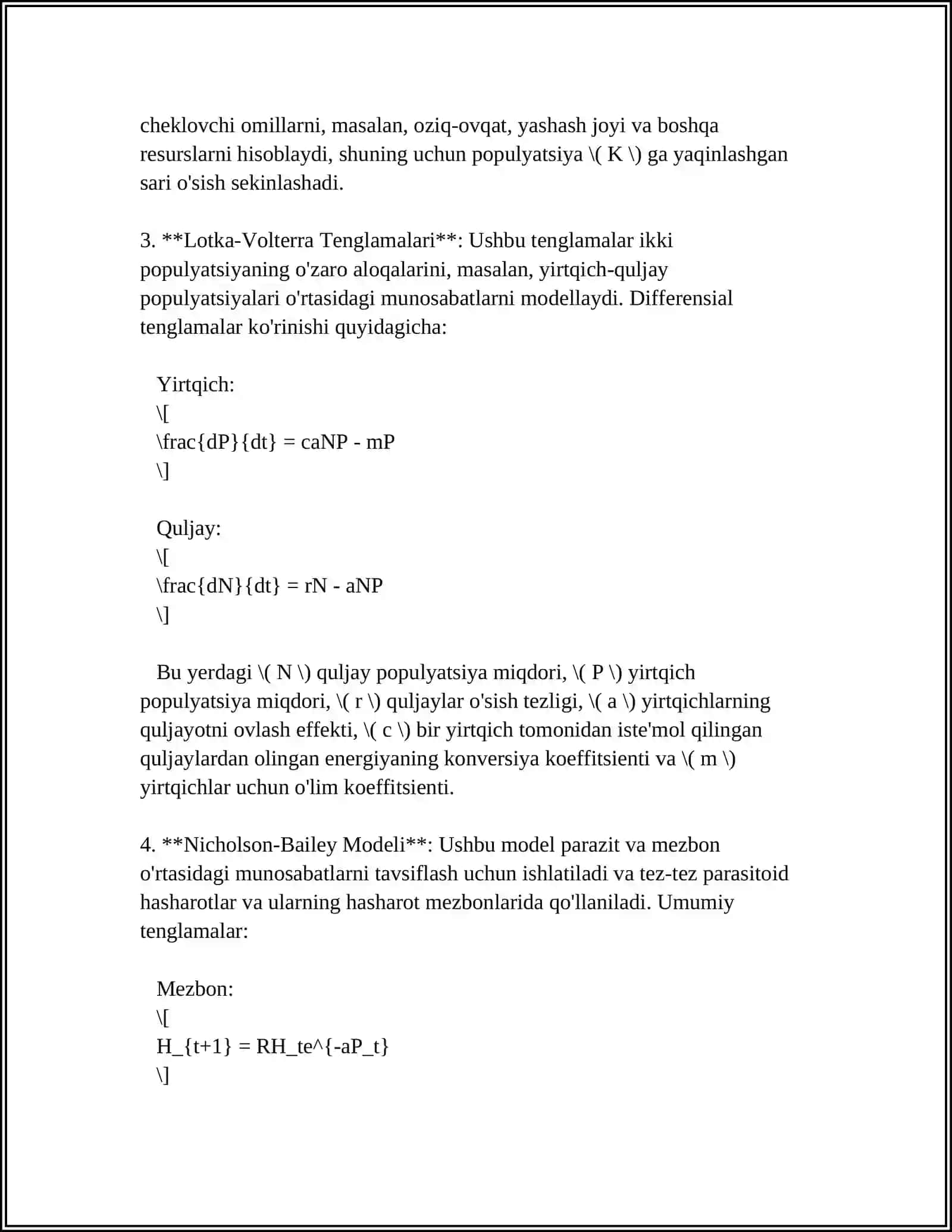 Biologik o'sish modellari va differensial tenglamalar 4