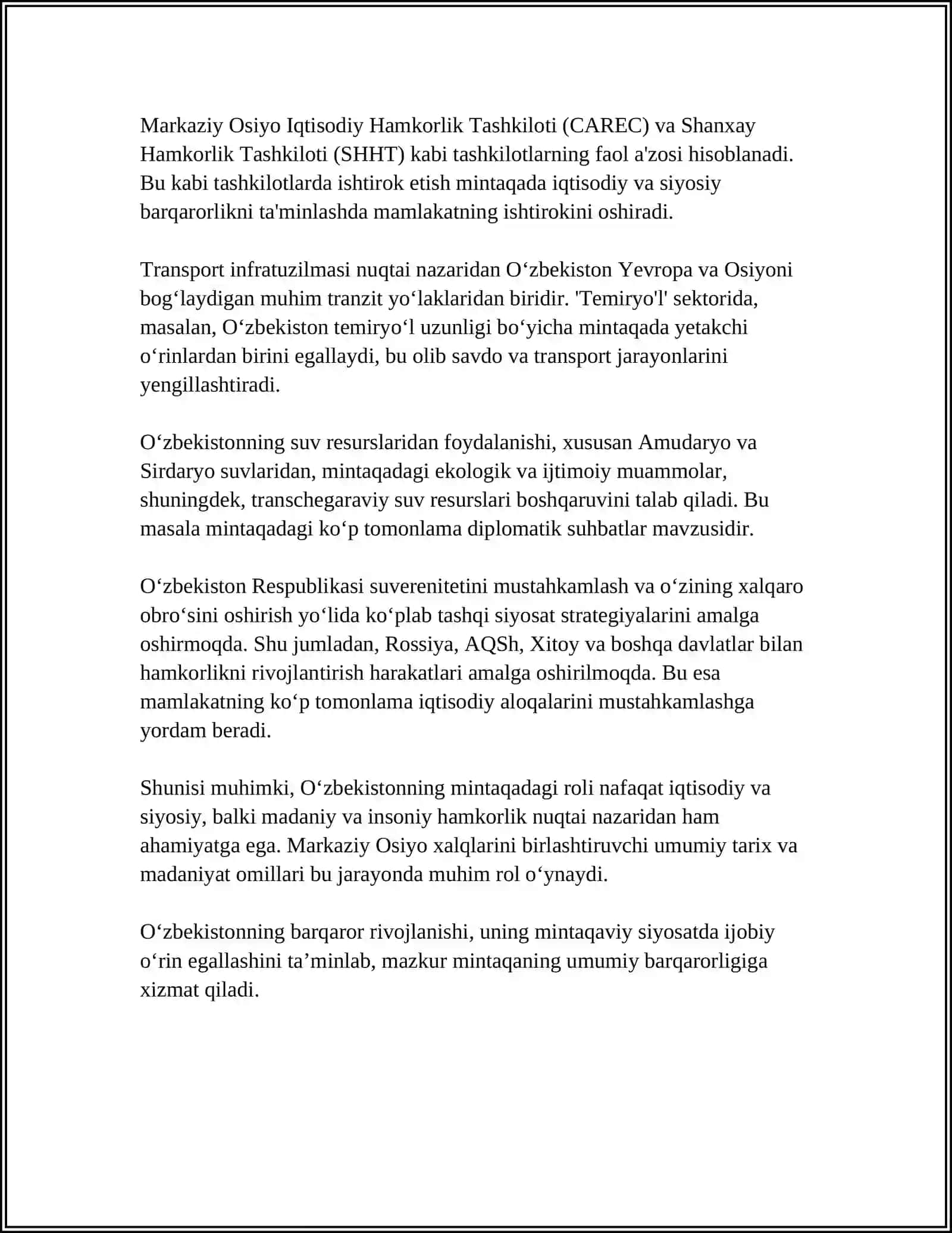 O‘ZBEKISTONNING MARKAZIY OSIYODA TINCHLIK VA BARQARORLIKNI TA‘MINLASHDAGI O‘RNI 4