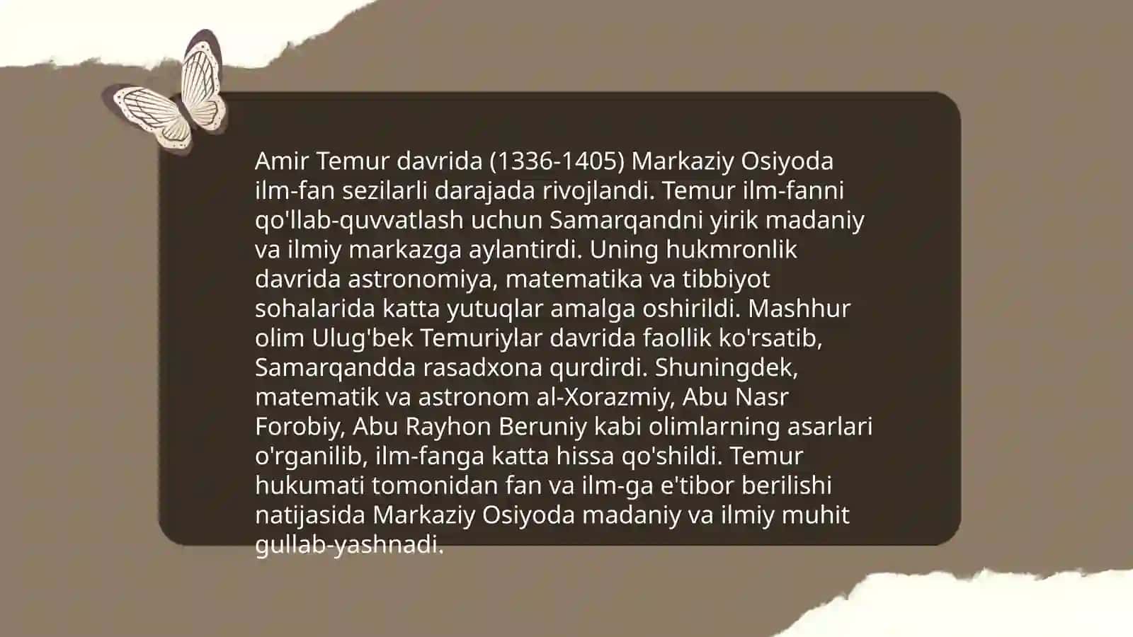 Markaziy Osiyoda Amir Temur davridagi falsafiy qarashlar. J.Lokkning tabiiy qarashlari va uning yevropa ilm-faniga ta'siri Ibn Rushd va sharq falsafasi.Zamonaviy ĝarb falsafasida kosmopolitizm ĝoyalari tahlili 4