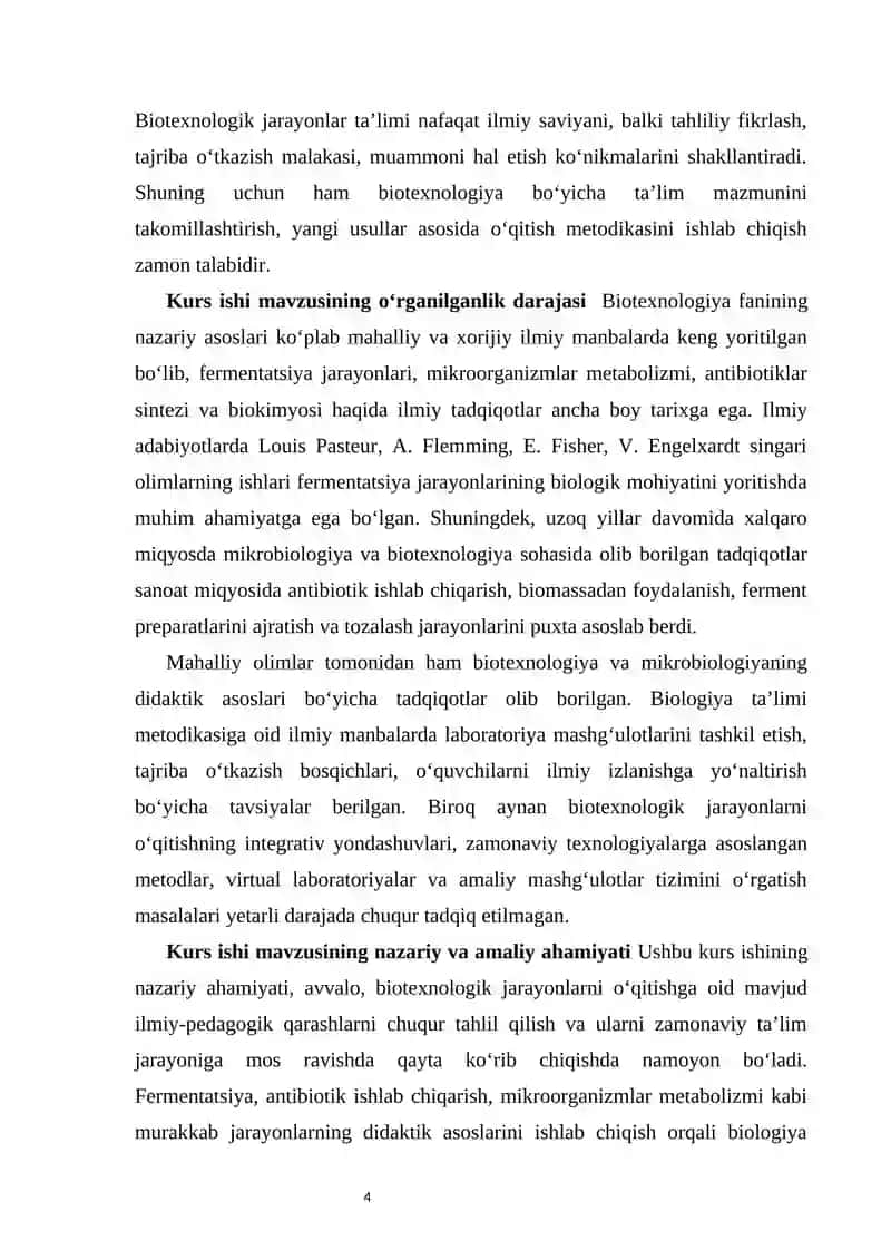 BIOTEXNOLOGIK JARAYONLARNI (FERMENTATSIYA, ANTIBIOTIK ISHLAB CHIQISH VA BOSHQALAR) O‘QITISH METODIKASI 4