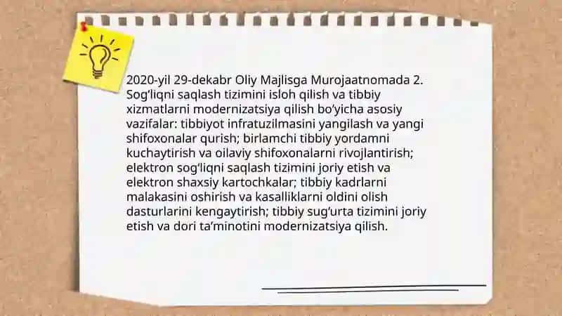 O'zbekiston Respublikasi Prezidenti Shavkat Mirziyoyevning 2020-yil 29- dekabrdagi Oliy Majlisga Murojaatnomasidagi koʻrilgan ustuvor masalalar. 4