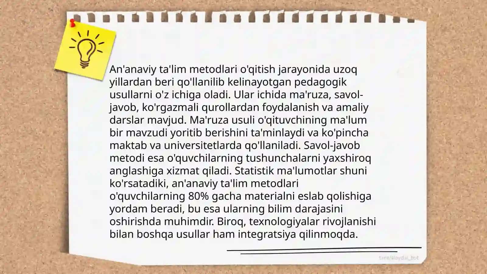 Ta'lim metodlari turli xil bo'lib, ular o'quvchilarning bilim olish jarayonini yengillashtiradi 4