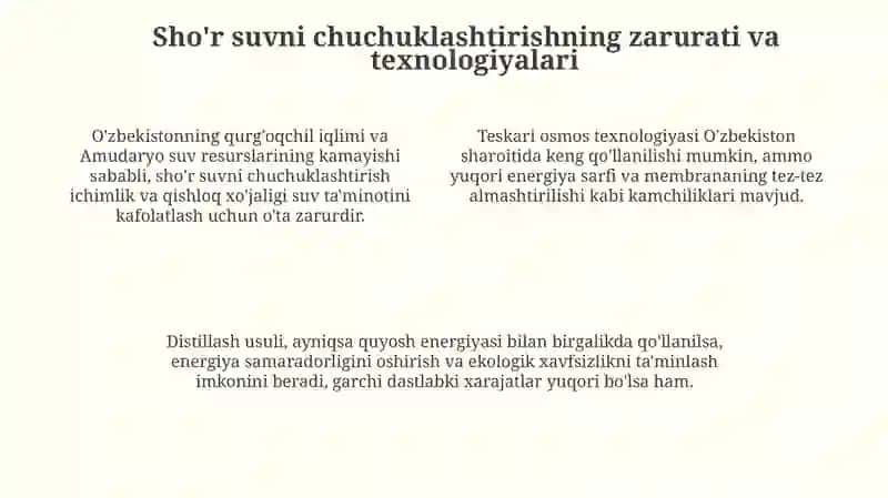 O'zbekistonda sho'r suvni chuchuklashtirish: Zarurat, texnologiyalar va loyihalar 4