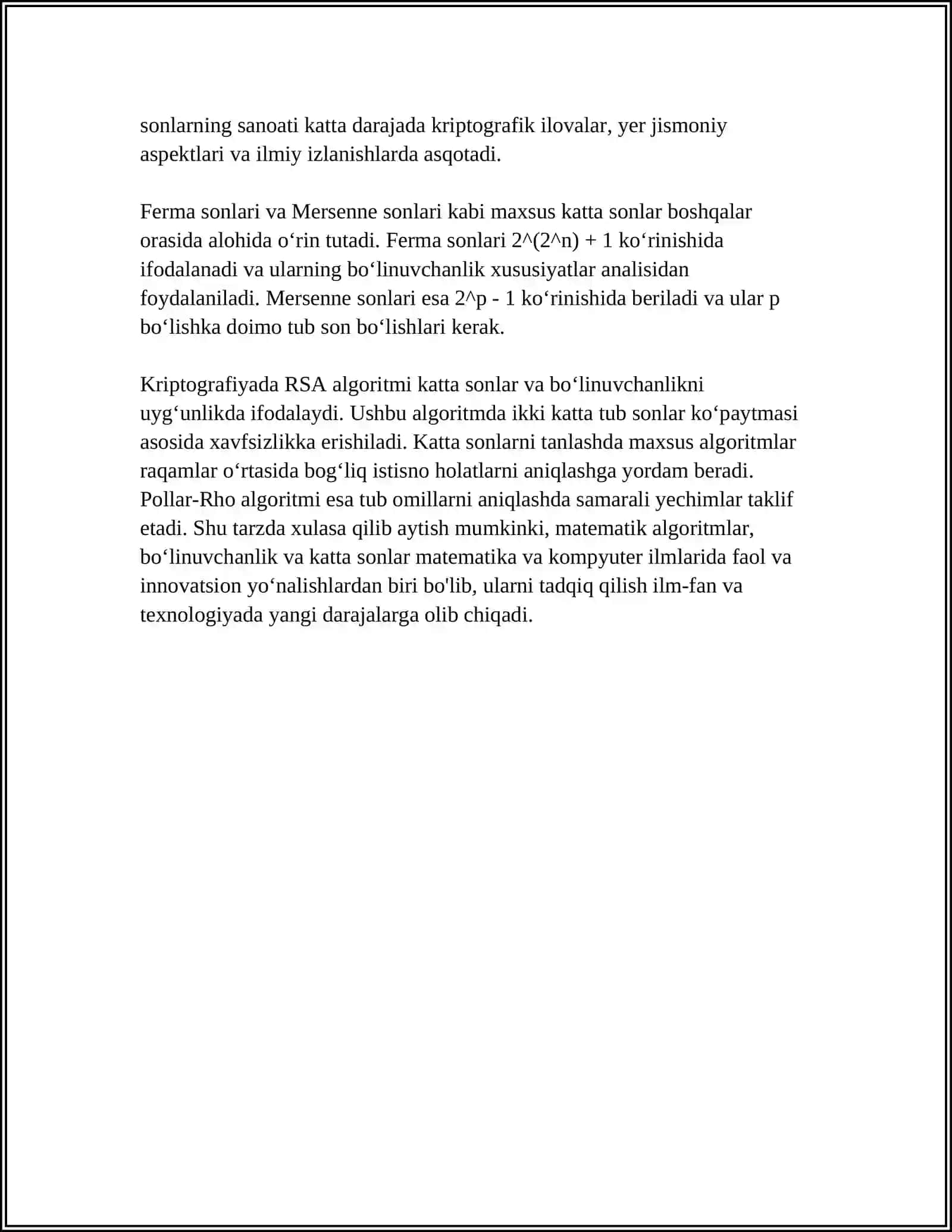 MUSTAQIL ISH Mavzu: MATEMATIK ALGORITMLAR: DIVISIBILITY & LARGE NUMBERS,PRIME NUMBERS & PRIMALITY TESTS PRIME FAKTORIZATION & DIVISORS, MODULAR ARITHMETIC,CATALAN NUMBERS, NCR COMPUTATIONS, SET THEORY,SIEVE ALGORITHMS EULER TOTIENT FUNCTION, CHINESE REMAINDER THEOREM 4