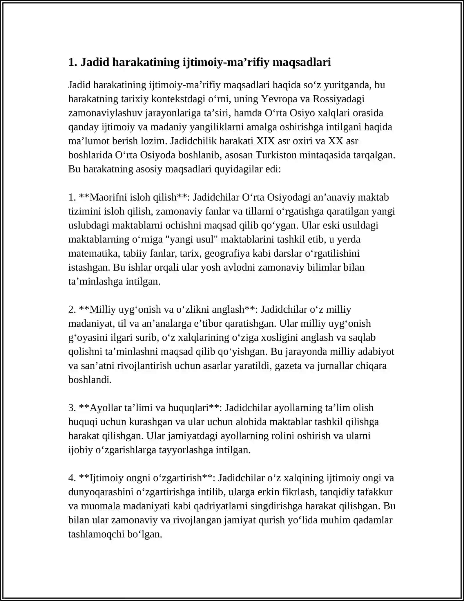 JADID MARIFATPARVARLARINING OʻLKA IJTIMOIY-MADANIY HAYOTIDA TUTGAN OʻRNI (MUNAVVAR QORI, FITRAT, BEHBUDIY, AVLONIY VA BOSHQ.) 4