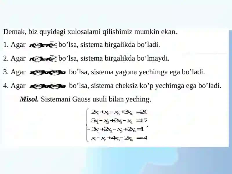 Chiziqli algebraik tenglamalar sistemasi. Chiziqli algebraik tenglamalar sistemasini yechishning Gauss va Gauss-Jordan usullari. 4