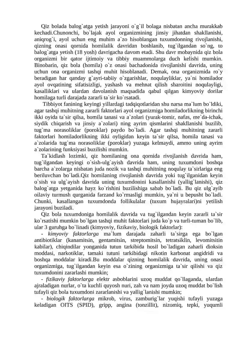 O`smirlik. Jinsiy tarbiya. Oilaviy turmush qurishning tibbiy muammolari. Kontratsepsiya. 4