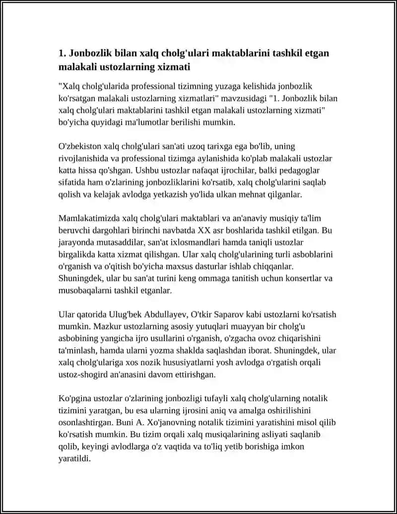 XALQ CHOLG'ULARIDA PROFESSIONAL TIZIMNING YUZAGA KELISHIDA JONBOZLIK KO'RSATGAN MALAKALI USTOZLARNING XIZMATLARI 4