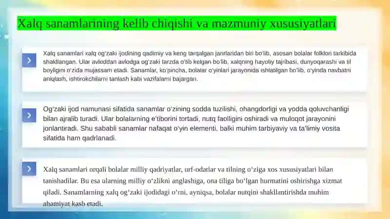 Xalq sanamlari bolalar nutqini rivojlantirish vositasi sifatida. Hududiy sanamlarni yig‘ish 4