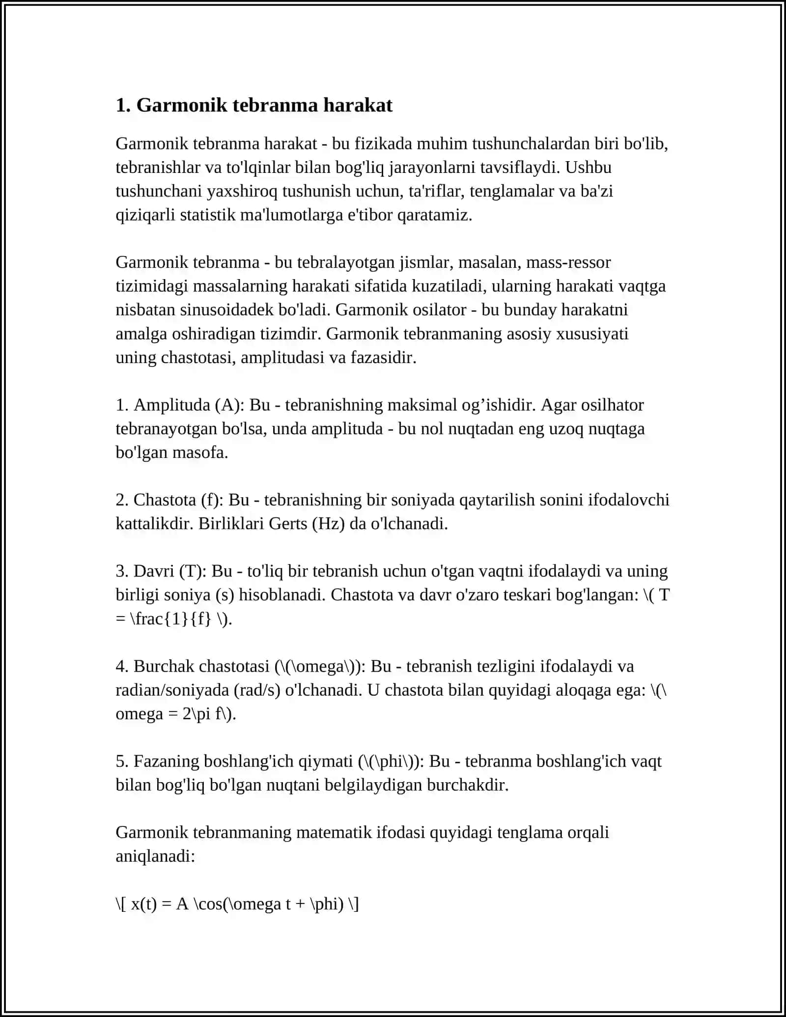 GARMONIK TEBRANISHLAR. MEXANIK GARMONIK TEBRANISHLAR TENGLAMASI. TEBRANMA HARAKAT QILAYOTGAN JISMNING ENERGIYASI 4