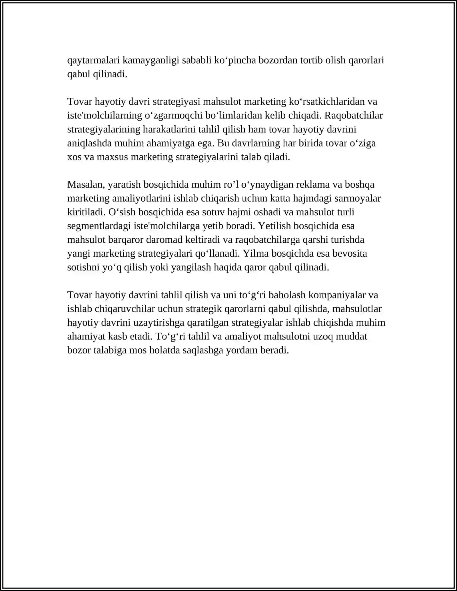 TOVAR “HAYOTIY DAVRI” VA UNING BOSQICHLARINI ANIQLASH 4