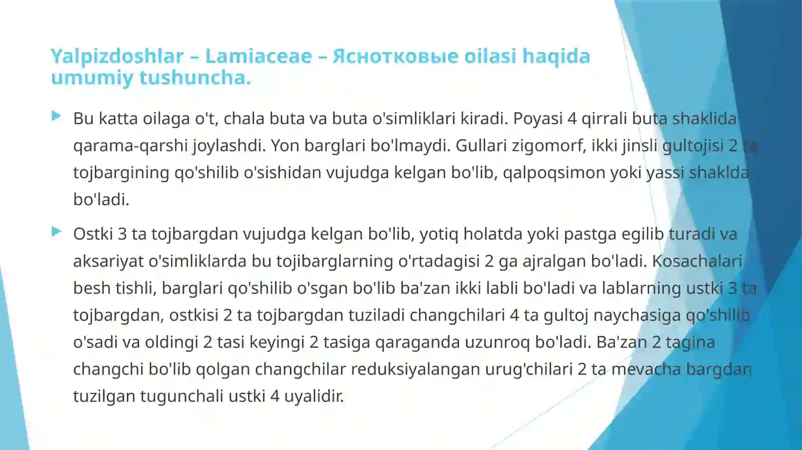 Yalpizdoshlar - Lamiaceae - Yasnoykovo'ye oilasidagi turlar biologiyasi, ekologiyasi, areali va xalq xo'jaligidagi ahamiyati 4