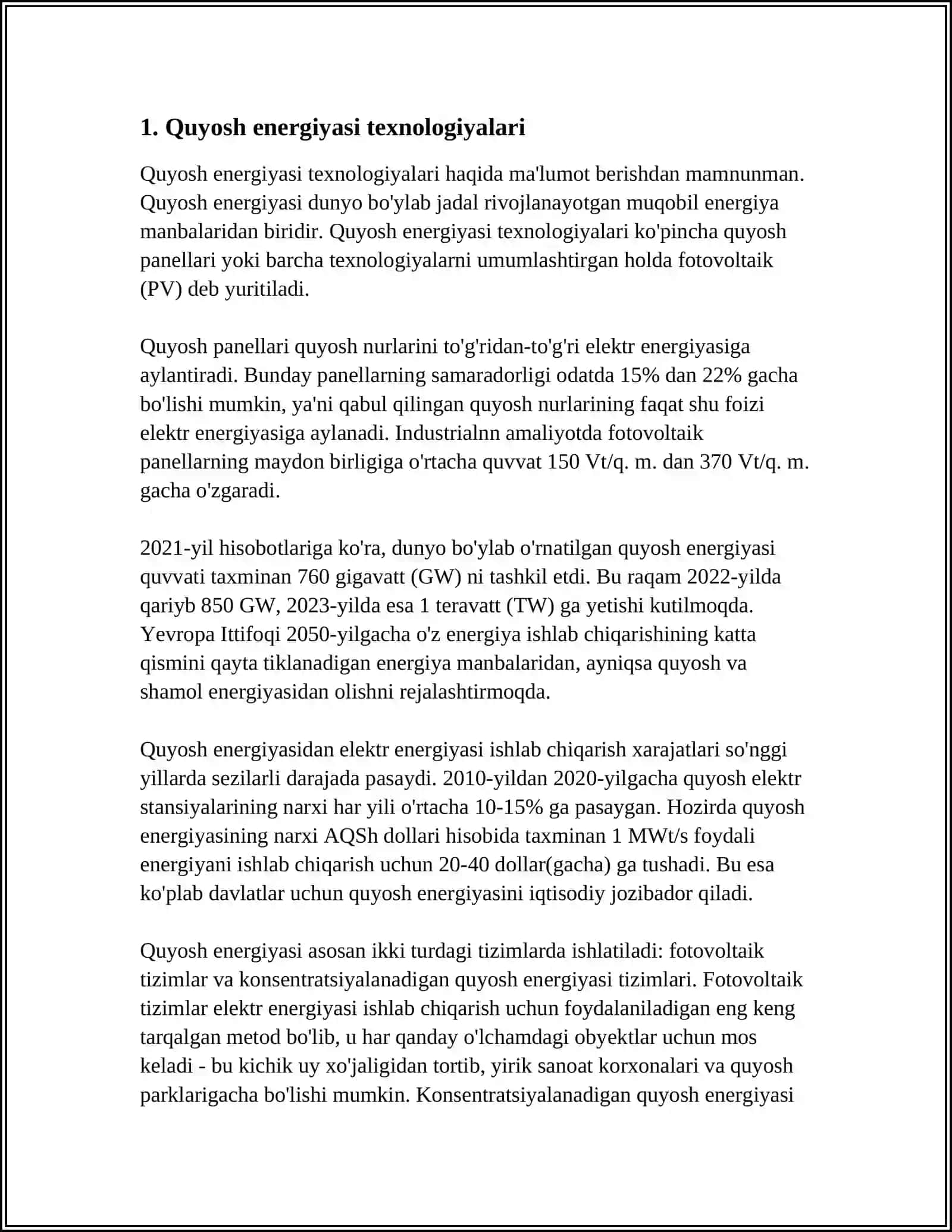 QAYTA TIKLANADIGAN ENERGIYA MANBALARI: QUYOSH, SHAMOL, GIDRO VA GEOTERMAL KABI QAYTA TIKLANADIGAN ENERGIYA TEXNOLOGIYALARINI O‘RGANING VA ULARNING UGLEROD CHIQINDILARINI KAMAYTIRISHDAGI ROLI 4