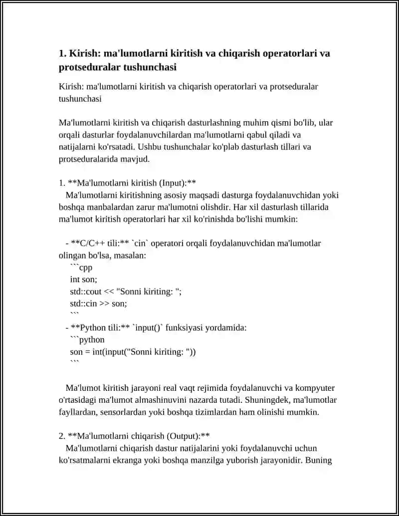 MALUMOTLARNI KIRITISH VA CHIQARISH OPERETORLARI (PROTSEDURALARI) 4