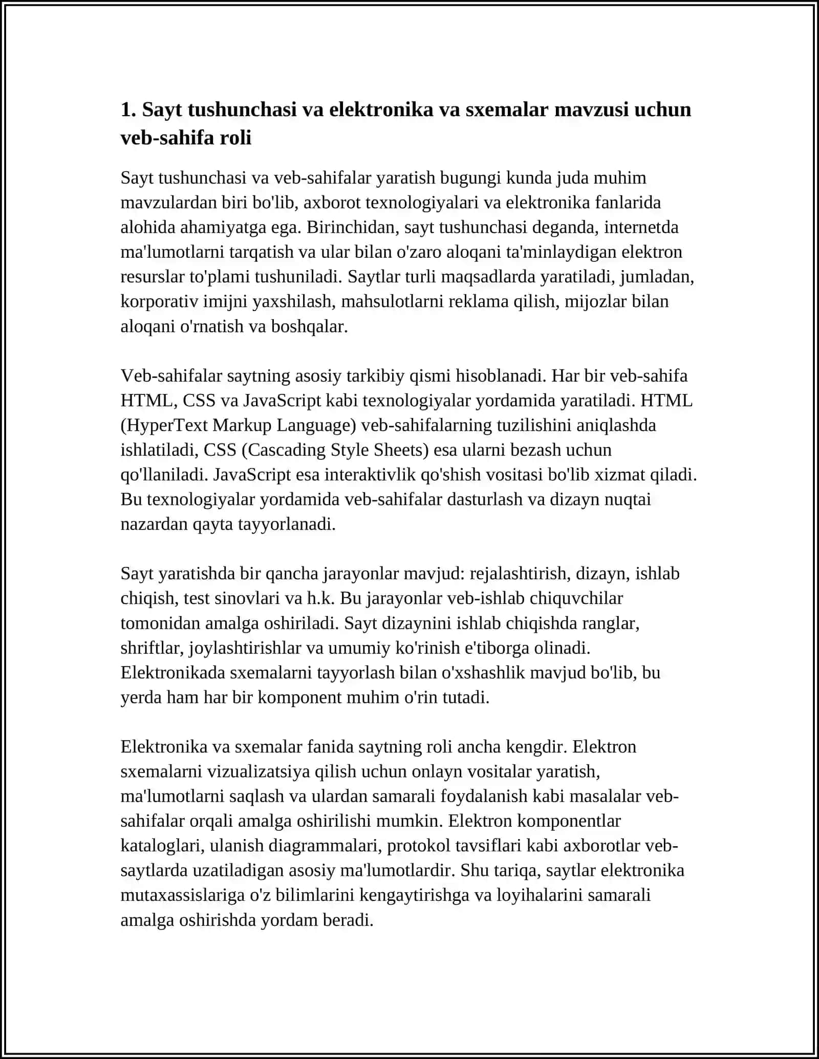 SAYT TUSHUNCHASI.VEB SAHIFALAR YARATISH VA UNI TAHRIRLASH MAVZUSIDA REFERAT TAYYORLASH KERAK ELEKTRONIKA VA SXEMALAR FANIDAN 4