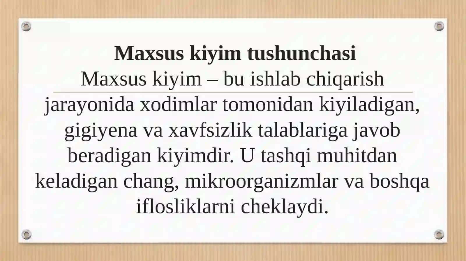 Personallar uchun tayyorlanadigan kiyimlar. Ularni tayyorlaydigan materiallarga quyilgan talablar 4