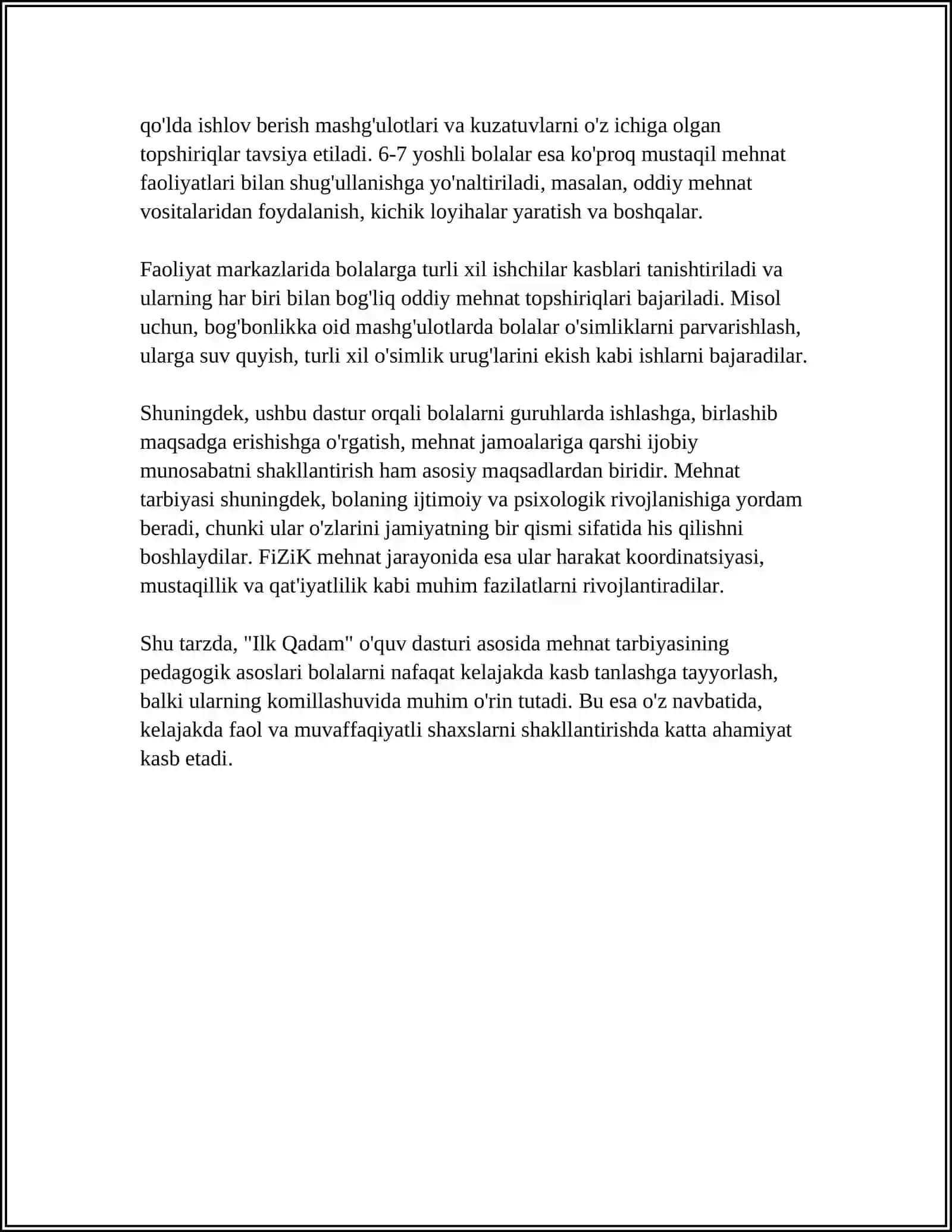 ILK QADAM DAVLAT O'QUV DASTURI ASOSIDA FAOLIYAT MARKAZLARIDA MAKTABGACHA YOSHDAGI BOLALAR MEHNATINI TASHKIL ETISH 4