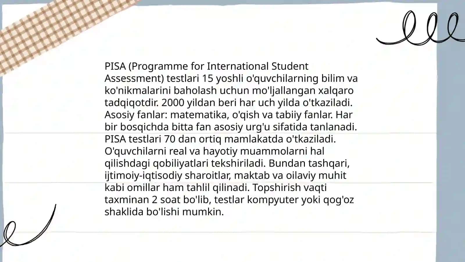 PISA xalqaro baholash dasturi mazmuni, o'tkazilish tarixi 4