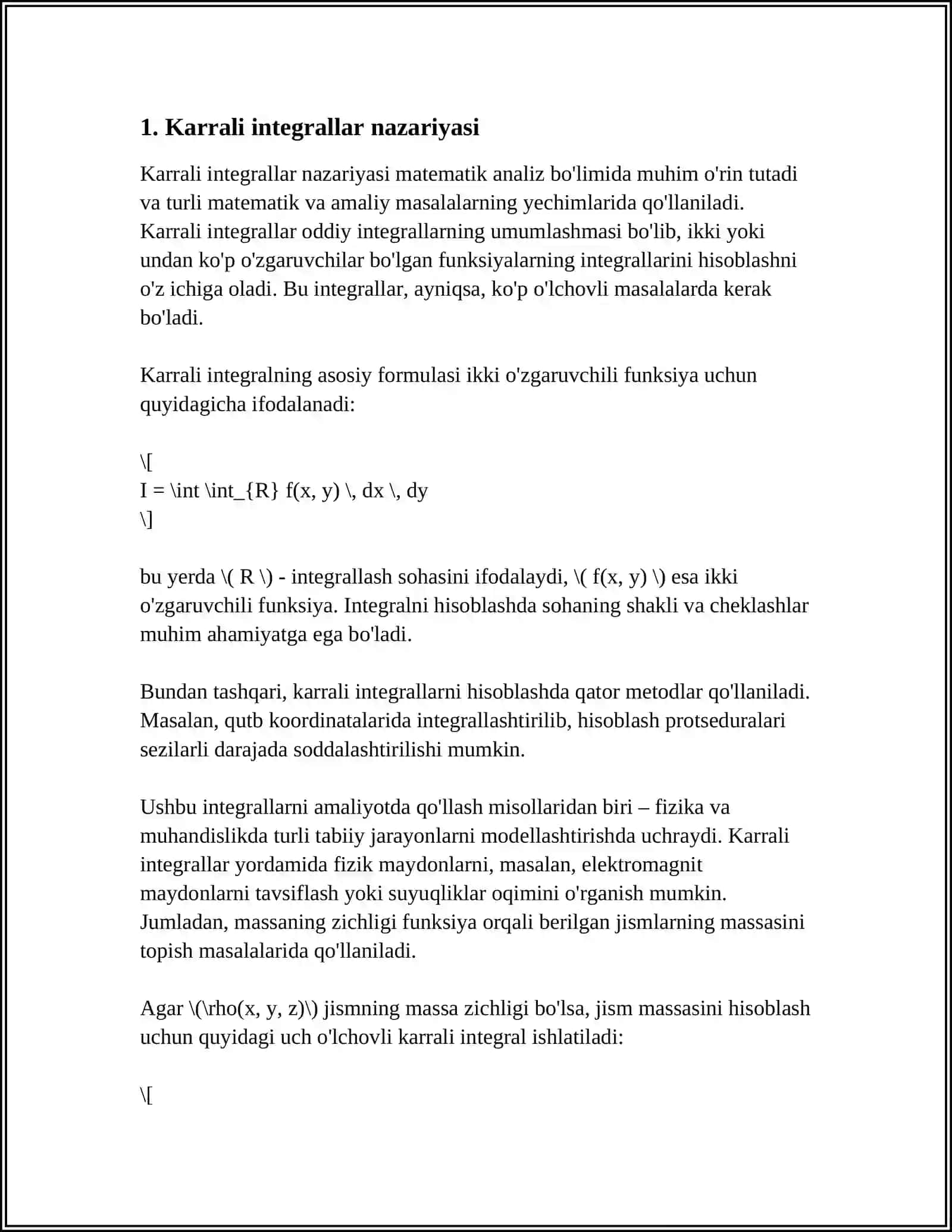 KARRALI INTEGRALLARNING OPTIMALLASHTIRISH MASALALARIDAGI TADBIQLARI 4