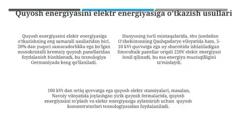 Quyosh energiyasini elektr energiyasiga aylantirish usullari 4