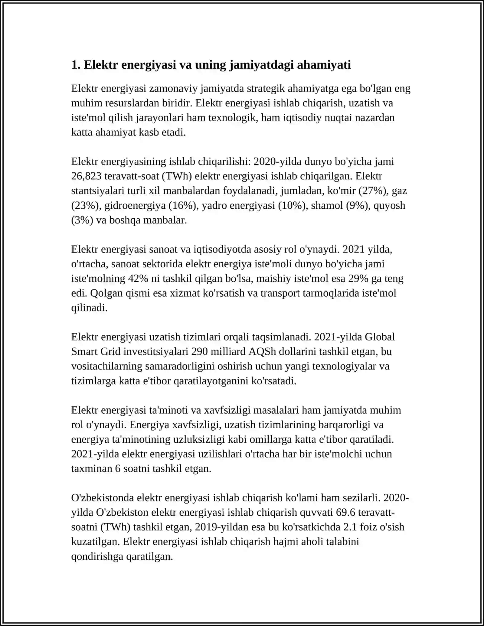 ELEKTROTEXNIKA FANINING PREDMETI VA UNING BUGUNGI KUNDA JAMIYAT HAYOTIDAGI OʻRNI. OʻZBEKISTONDA ELEKTROENERGETIKANING RIVOJLANISH TARIXI 4