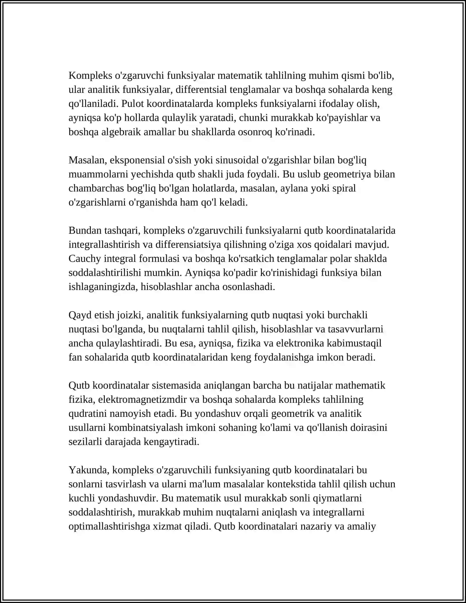 Kompleks o'zgaruvchili funksiyaning qutb koordinata sistemadagi hosilasi va uning xossalari 4