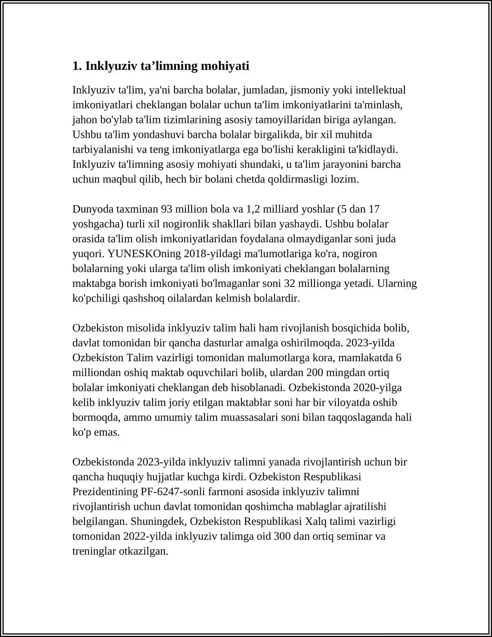 INKLYUZIV TA’LIMNING MOHIYATI, INTEGRATSION TA’LIMDAN FARQI VA IJTIMOIY REABILITATSIYA HAQIDA INKLYUZIV TA’LIMGA KIRITISHNING ASOSIY TAMOYILLARI MAZMUNI 4