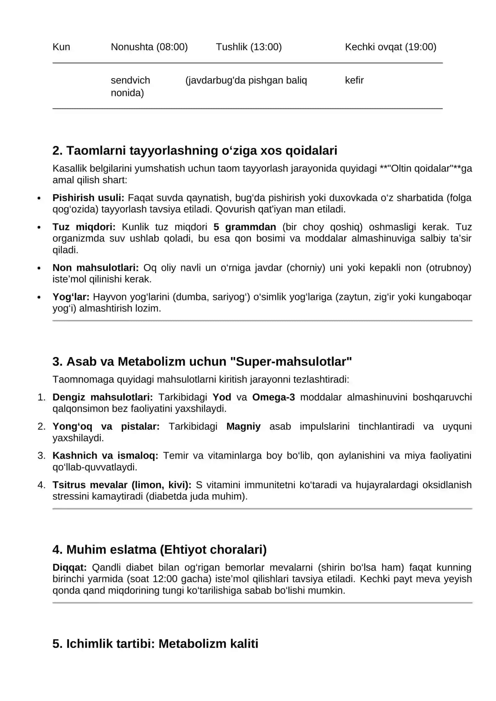 Asab, qandli diabet va moddalar almashinuvi buzulgan kasalliklarda taomnoma tuzish 4