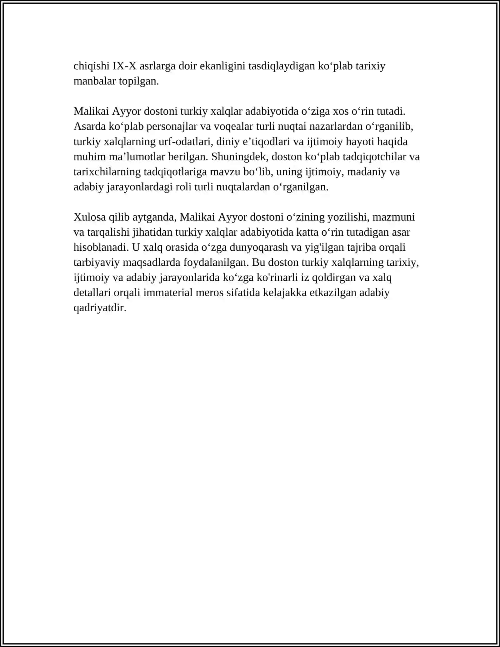 Malikai Ayyor dostoni haqida referat 4