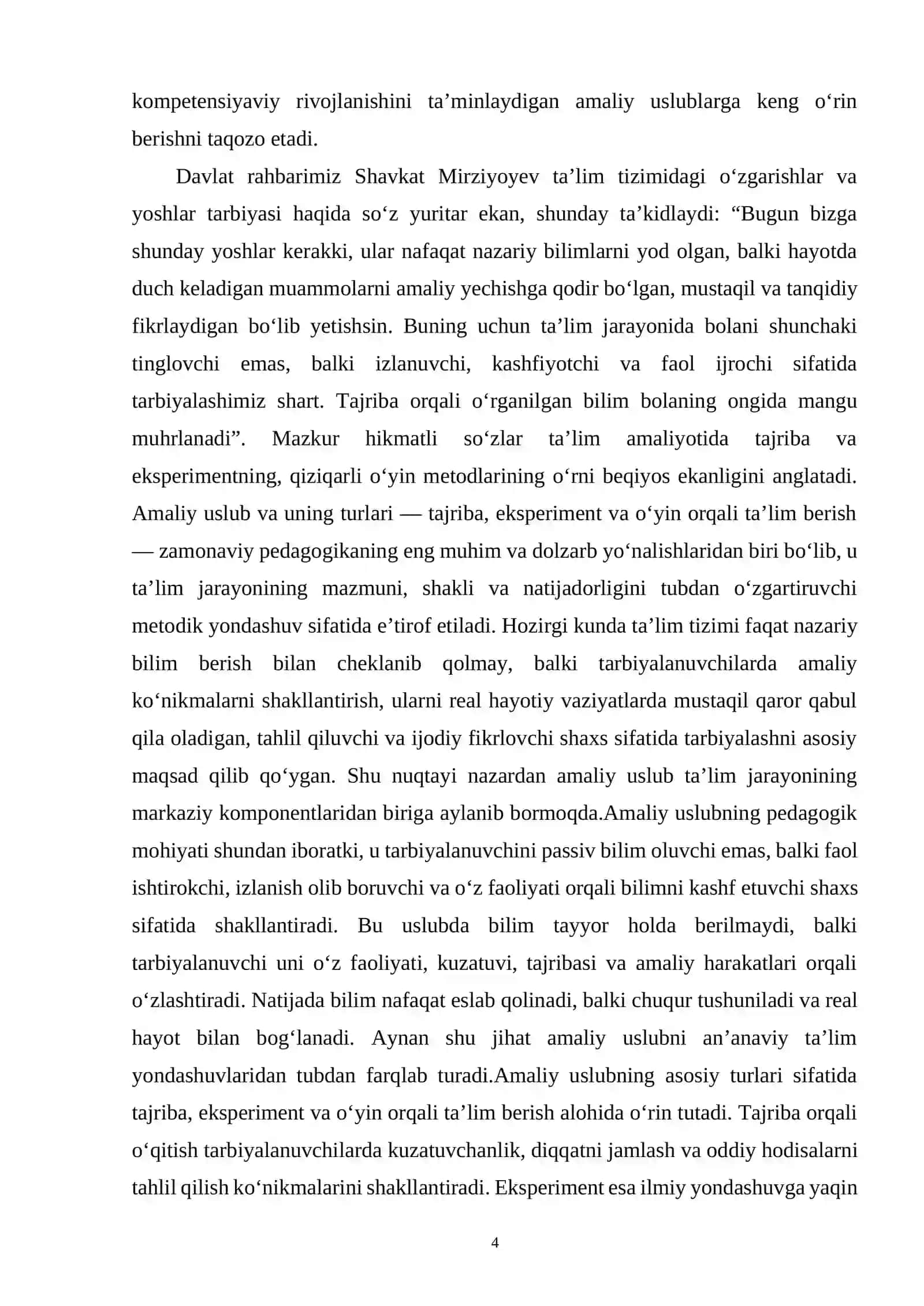 AMALIY USLUB VA UNING TURLARI (TAJRIBA, EKSPERIMENT, O‘YIN ORQALI TA’LIM) PEDAGOGIK TAHLILI 4