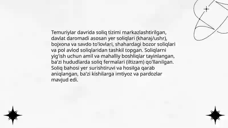 Amir Temur va Temuriylar davridagi iqtisodiy g’oyalar va iqtisodiy siyosatlar 4