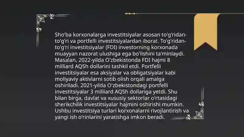 Sho'ba korxonalarda investitsiyalarni baholash usullari 4