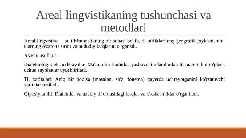 Areal lingvistika haqida tushuncha uning metodlari va manbalari.Dialektning adabiy til bilan munosabati. 4