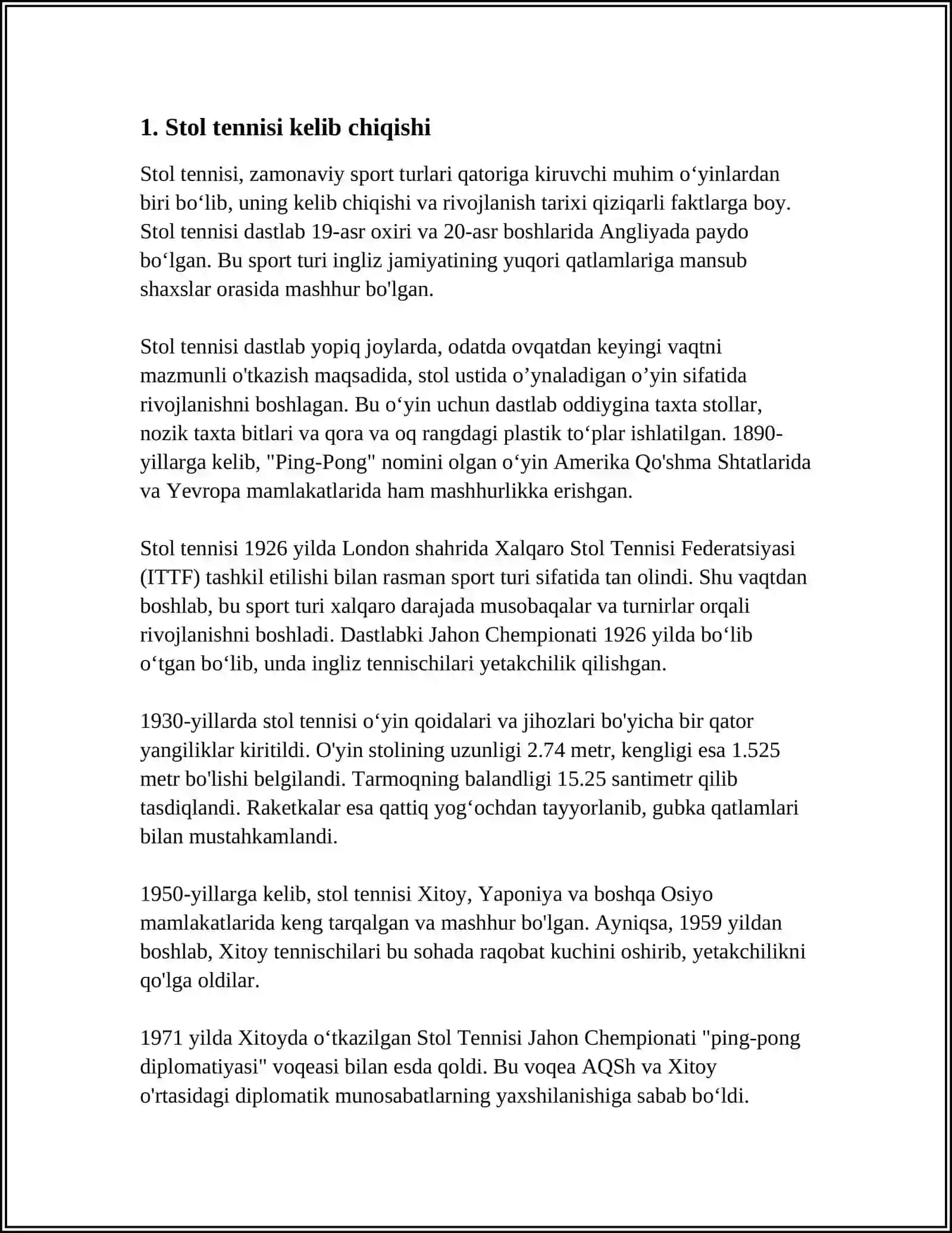 STOL TENNISINING PAYDO BÕLISHI VA RIVOJLANISHI TARIXI HAMDA RESPUBLIKAMIZGA KIRIB KELISHIGA TALABALAR BAJARISHI SHART BÕLGAN TOPSHIRIQLAR 4